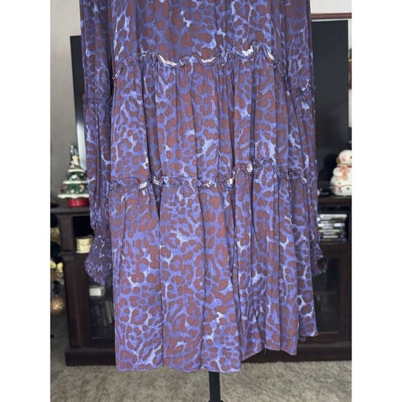 Purple Leopard Print Smocked Mini Dress Long Sleeve High Neck Peasant MEDIUM - Picture 2 of 11
